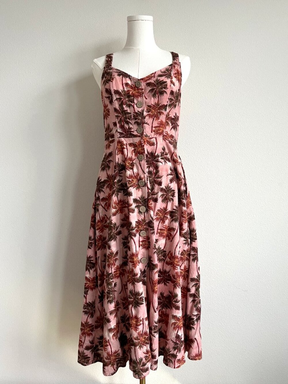 a.n.a Palm Tree Button-Front Sun Dress - Cotton Linen Cross-Back Midi - S